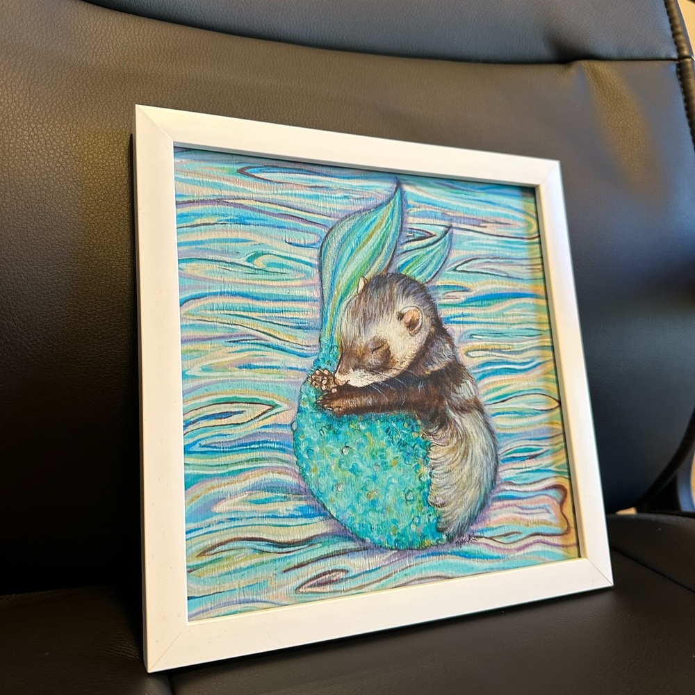 Beautiful Ferret mermaid fine art print with white frame 8x8
